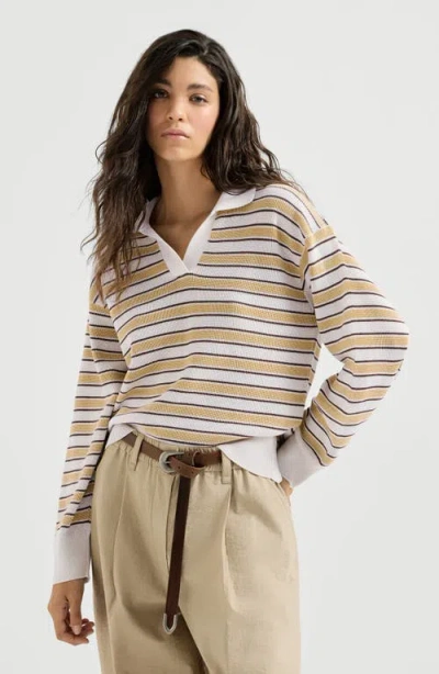 Brunello Cucinelli Knit Polo With Sparkling Stripes In Blue