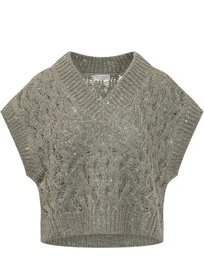 Brunello Cucinelli Knit Sweater With V-paneled Knit Design In Rosemary