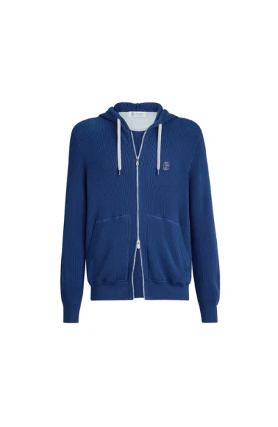Brunello Cucinelli Ribbed-knit Hoodie In Blue