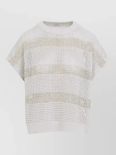 Brunello Cucinelli Knit Top Short Sleeves Round Neck Striped In White