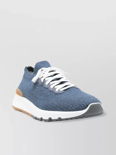 Brunello Cucinelli Knit Upper Sneakers With Rubber Lug Sole In Blue