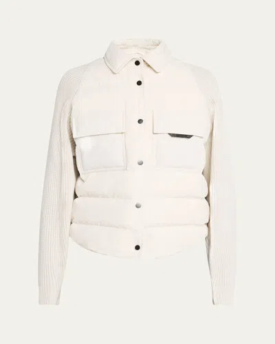 Brunello Cucinelli Knit-sleeve Techno Crinkled Cotton Padded Jacket In White