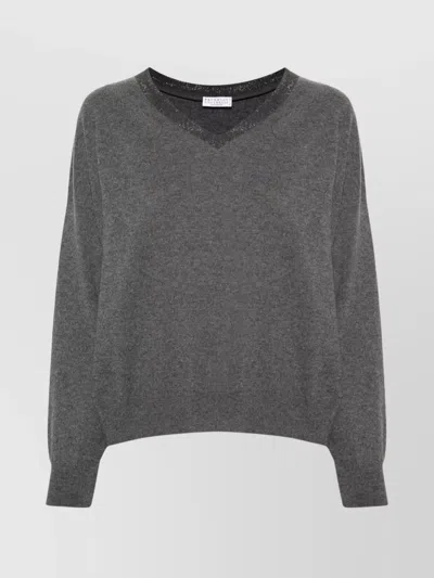 Brunello Cucinelli Grey Cashmere V-necked Sweater