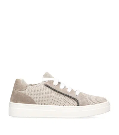 Brunello Cucinelli Kids' Knitted Cotton And Suede Trainers In Neutral