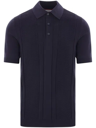 Brunello Cucinelli Knitted Cotton Polo Shirt In Blue