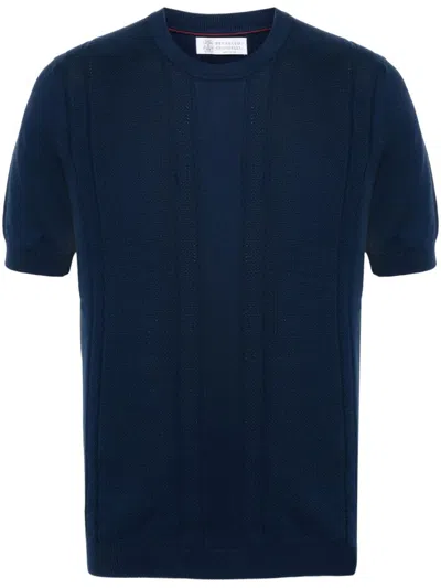 Brunello Cucinelli Knitted Cotton T-shirt Navy In Blue