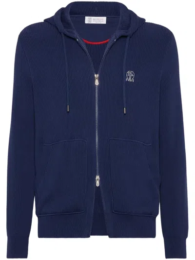 Brunello Cucinelli Knitted Hoodie In Blue