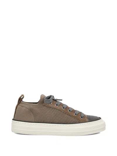 Brunello Cucinelli Cotton And Suede Knit Sneakers With Precious Toe In Brown