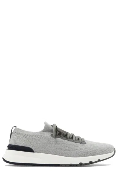 Brunello Cucinelli Knitted Lace-up Sneakers In Charcoal