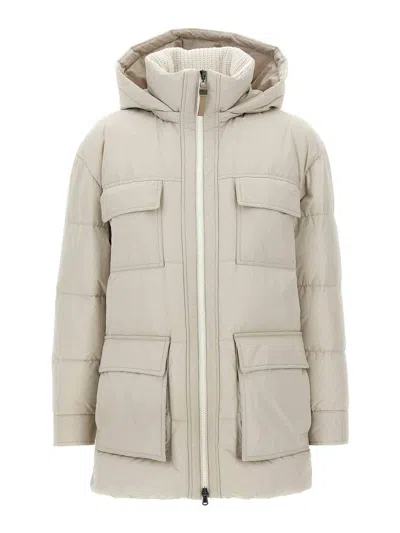 Brunello Cucinelli Knitted Neck Down Jacket In Sand