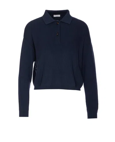 Brunello Cucinelli Knitted Polo With Monile In Blue