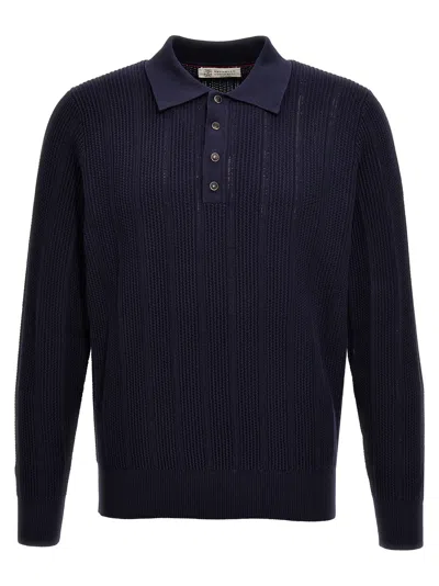 BRUNELLO CUCINELLI KNITTED  SHIRT POLO BLUE