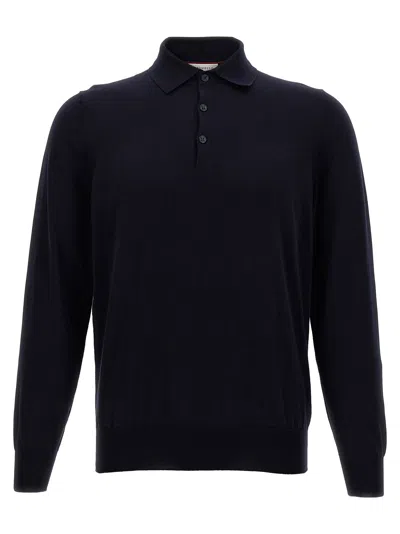 Brunello Cucinelli Knitted Cotton Polo Shirt In Blue