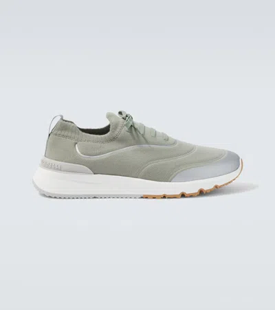 Brunello Cucinelli Techno Cotton Knit Runners With Heat-bonded Details In Green