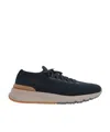 Brunello Cucinelli Leather-trimmed Stretch-knit Sneakers In Blue