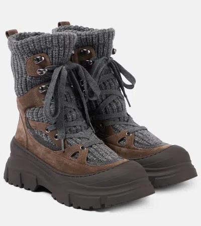 Brunello Cucinelli Knitted Suede Lace-up Boots In Peat