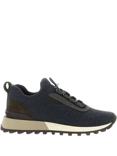 Brunello Cucinelli Knitted Suede Sneakers In Gray