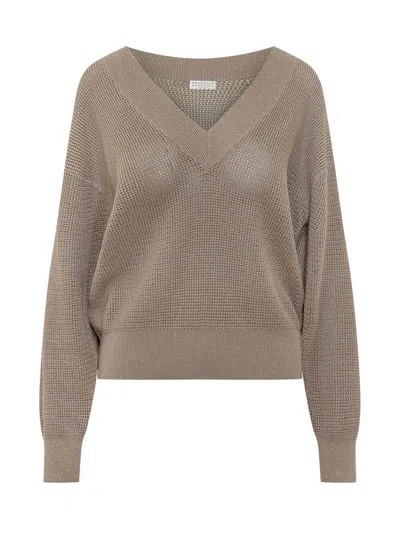 Brunello Cucinelli Knitted Sweater With V-neck For Ss26 In Brown