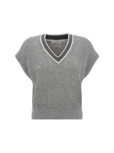 Brunello Cucinelli Grey Knit Vest With V Neckline In Linen Blend Woman In Medium Grey