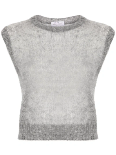 Brunello Cucinelli Knitted Vest With Monili In Gray