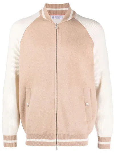 Brunello Cucinelli Knitted Zipped Varsity Jacket In Neutrals