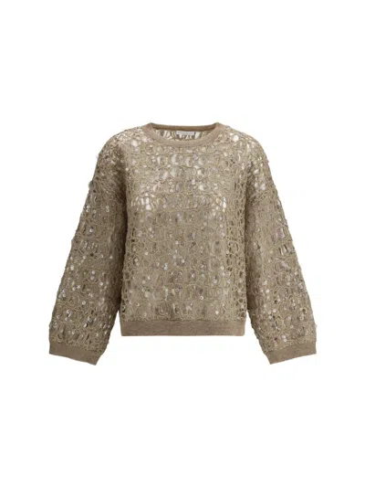 Brunello Cucinelli Beige Sweater With V Neck And Perforated Details In Linen Blend Woman