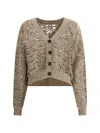 Brunello Cucinelli Perforated Linen And Silk Cardigan With Micro-sequins In Beige
