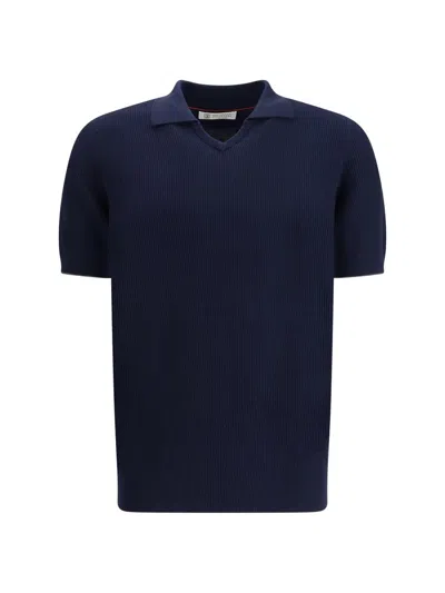 Brunello Cucinelli Ribbed-knit Cotton Polo Sweater In Blue