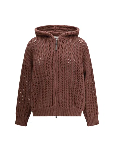 Brunello Cucinelli Balloon Net Embroidery Cardigan In Cashmere With A Hood In Burgundy
