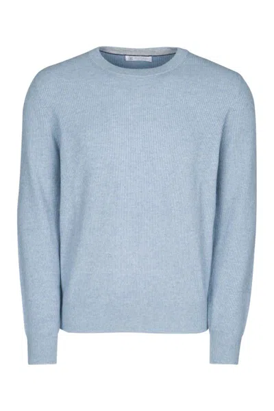 Brunello Cucinelli Ribbed Round Neck Sweater In Blue