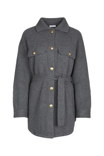 Brunello Cucinelli Belted Ribbed-knit Cardigan In Gray