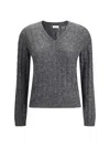 Brunello Cucinelli Textured Ribbed V-neck Sweater With Sparkling Details In Gray