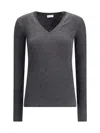 Brunello Cucinelli Long Sleeve Wool Ribbed Jersey T-shirt With Shiny Trim In Gray