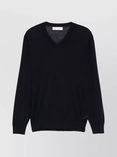 Brunello Cucinelli Knitwear With Long Sleeves And V-neckline In Navy Blue