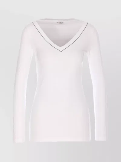 BRUNELLO CUCINELLI KNITWEAR WITH V-NECK AND CONTRAST TRIM