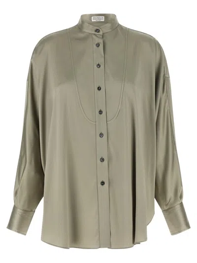 Brunello Cucinelli Korean Collar Shirt Long Sleeves Design In Brown