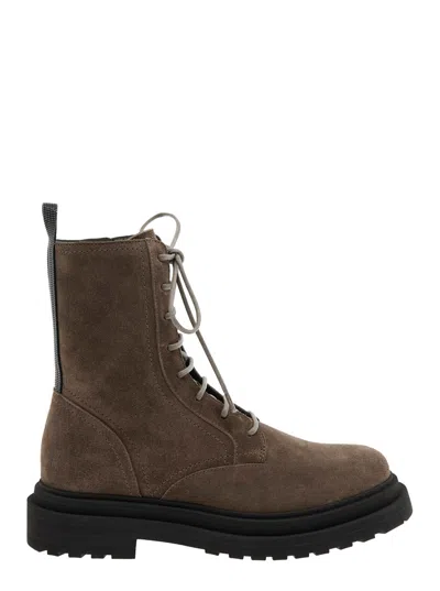 BRUNELLO CUCINELLI BRUNELLO CUCINELLI BROWN ANKLE BOOTS WITH MONIL DETAIL ON THE REAR AND SIDE ZIP CLOSURE IN LEATHER W