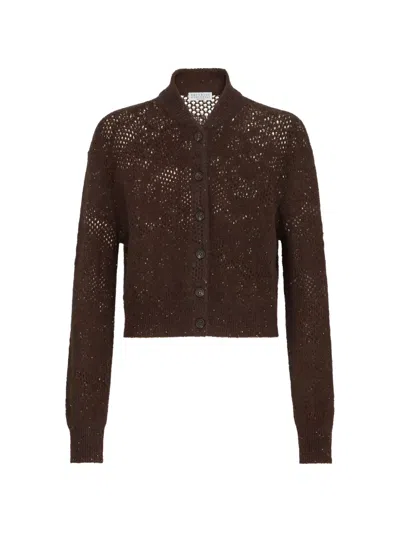Brunello Cucinelli Lace Flowers Cardigan In Sparkling Mohair And Virgin Wool In Brown