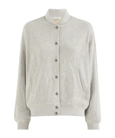 Brunello Cucinelli Lace Flowers Jersey Sweatshirt In Sparkling Virgin Wool And Cashmere With Monili In Neutral