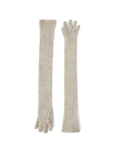 Brunello Cucinelli Lace Flowers Knit Long Gloves In Sparkling Mohair And Virgin Wool In Neutral