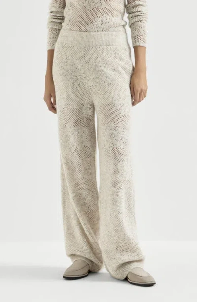 Brunello Cucinelli Lace-flowers Knit Track Trousers In Sparkling Mohair And Virgin Wool In Brown