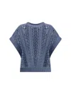 Brunello Cucinelli Knit Vest Lace Detail In Avio