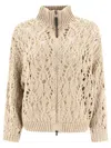 Brunello Cucinelli Lace Stitch Knitted Zip-up Cardigan In Brown