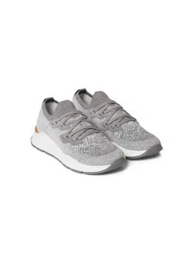 Brunello Cucinelli Kids' Lace-up Fabric Sneakers In Grey