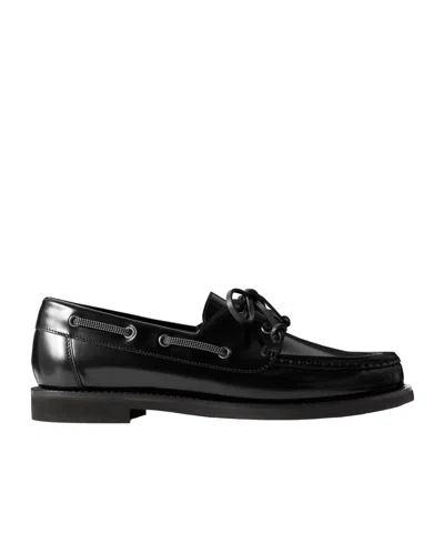 Brunello Cucinelli Embellished Polished-leather Boat Shoes In Black
