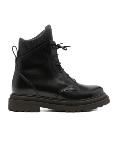 Brunello Cucinelli Lace-up Ribbed-knit Boots In Black