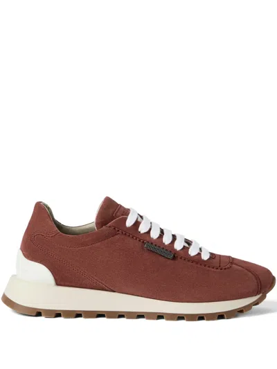 Brunello Cucinelli Bead-embellished Suede Sneakers In Red