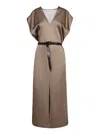 Brunello Cucinelli Taupe Satin Belted Midi Dress In Brown