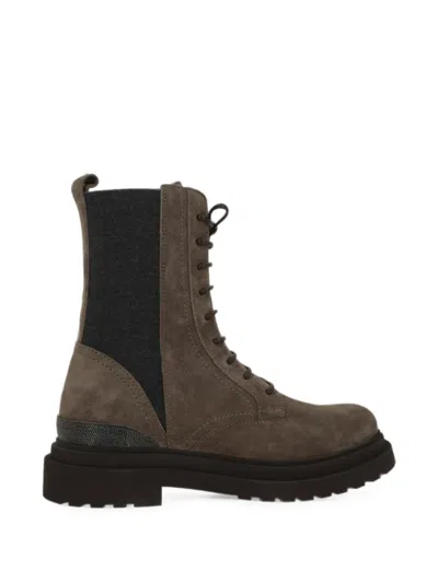 Brunello Cucinelli Lace-up Monili-trim Boots In Brown