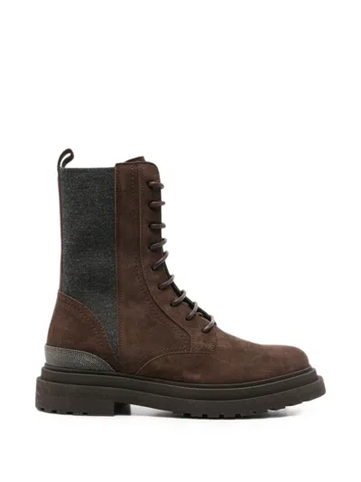 Brunello Cucinelli Suede Combat Boots With Cashmere Panels And Monili Trim In Brown
